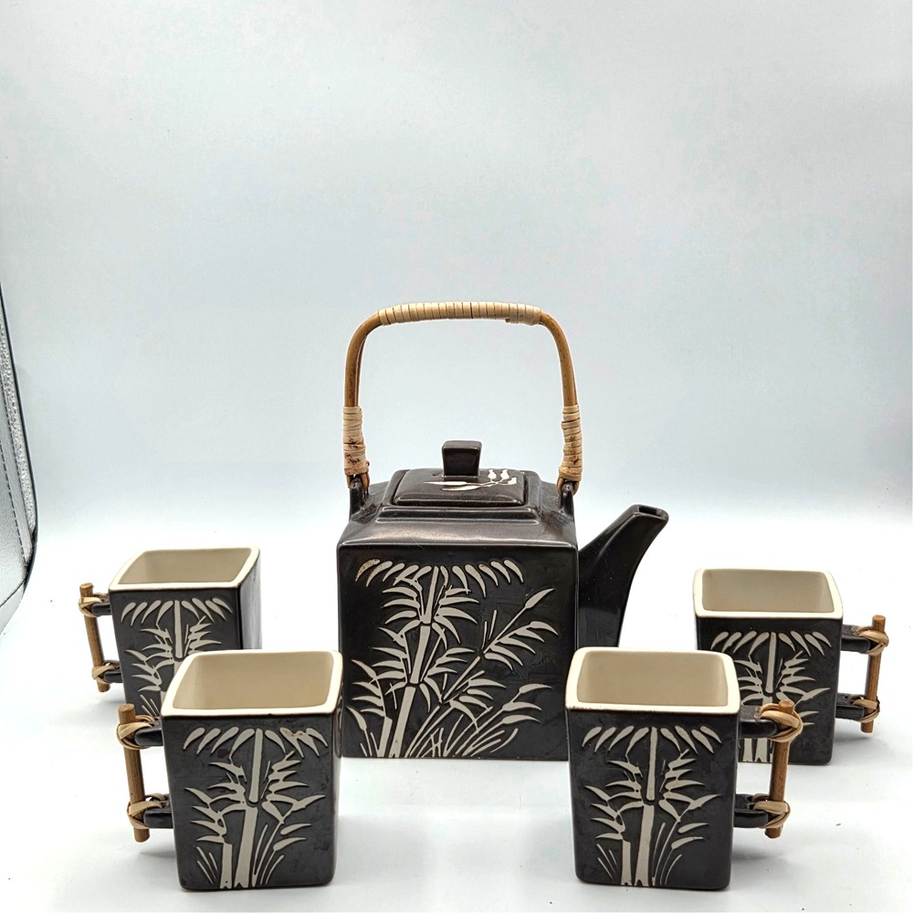 RETRO Bamboo Design Stoneware Teapot & 4 Cups with Bamboo Handles, Zazen Vietnam
